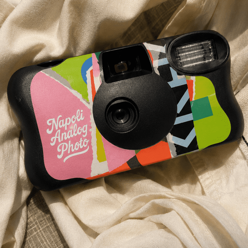 Custom disposable camera with personalized brand label and graphic design for marketing campaigns and events